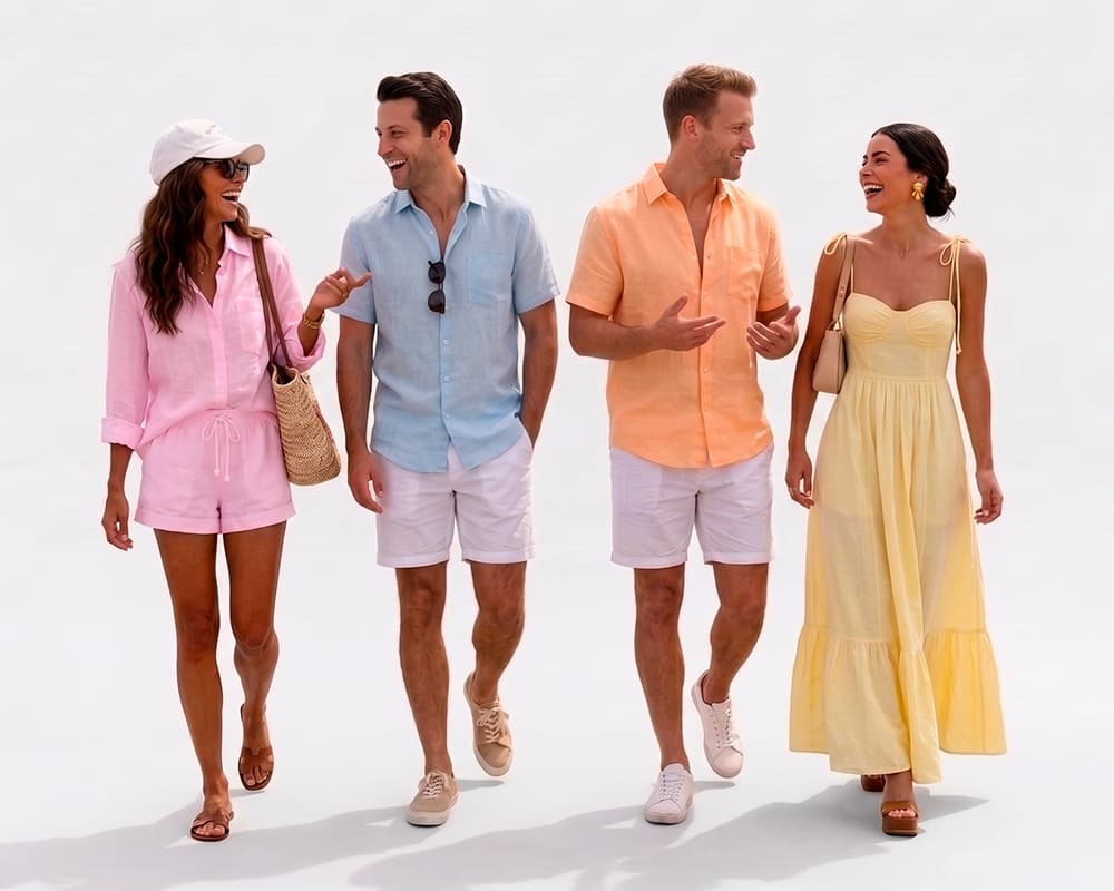 Convidados em looks leves de cores pastéis para o passeio de catamarã